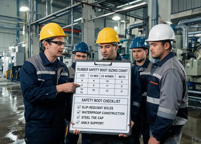 Supervisor reviewing safety boots with crew