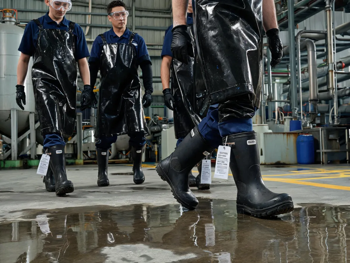 Chemical plant crew wearing protective rubber safety boots