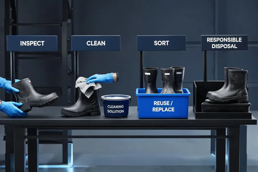 Organized safety boot recycling and inspection station